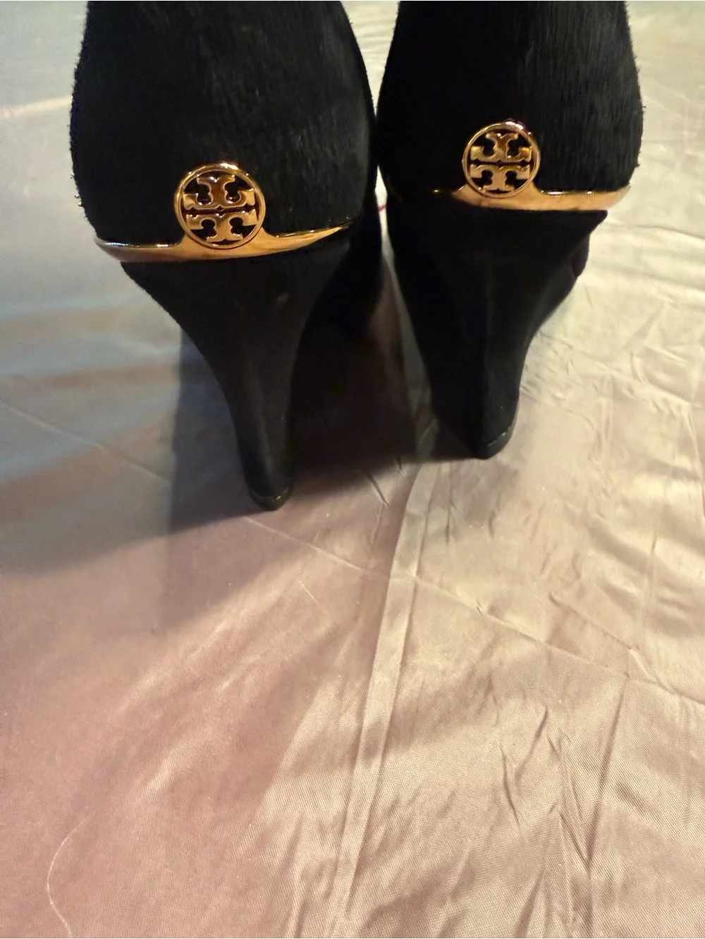 Tory Burch Hendin Black Gold Suede Leather Knee-High 3.5” Wedge Boots Size 8